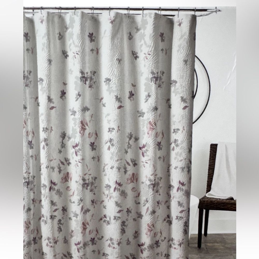 DKNY “Jasper” White Textured Fabric Shower Curtain w/Multicolor Floral Designs